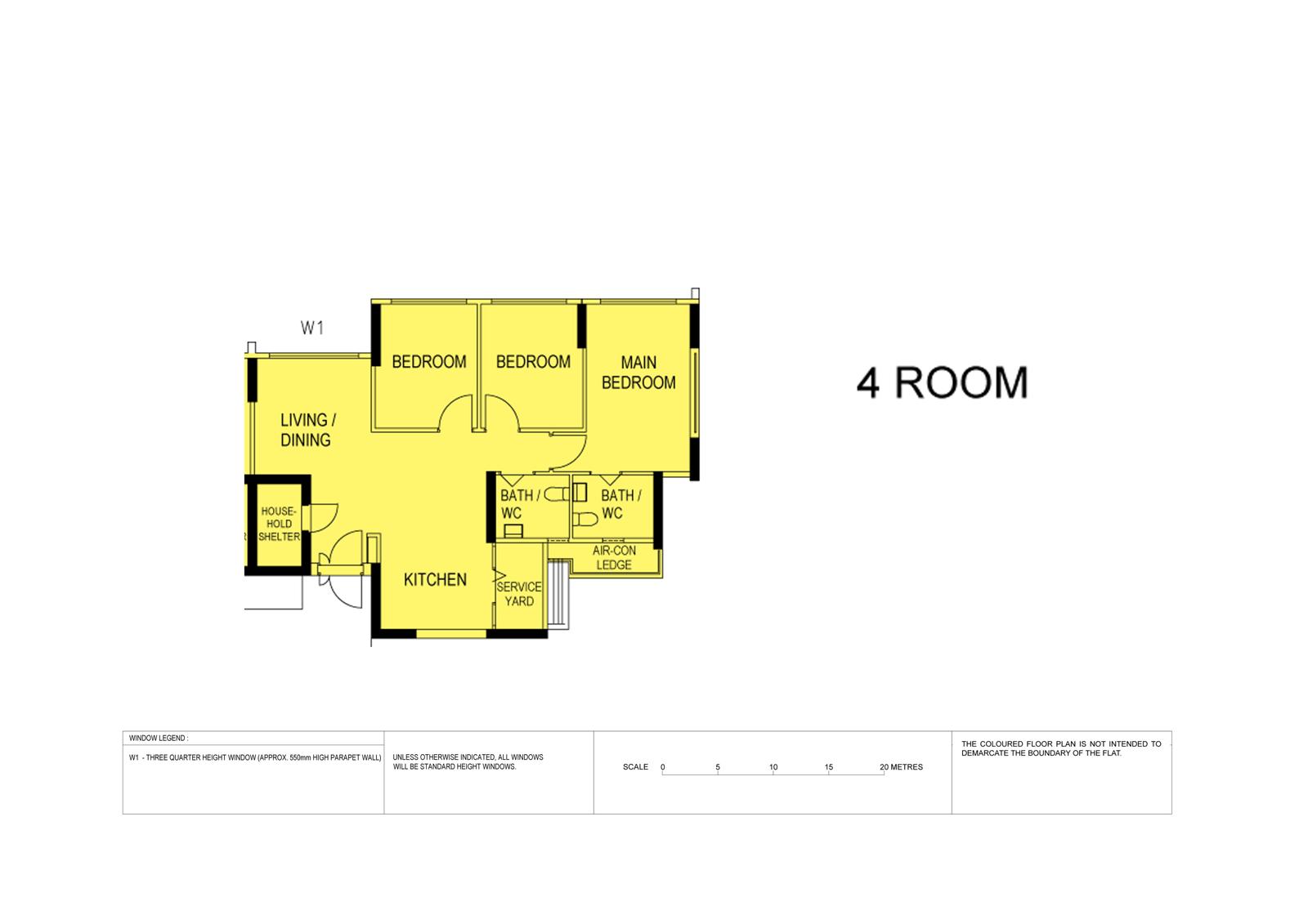 109C Canberra Walk floorplan showing three bedrooms, two bathrooms, kitchen and service yard