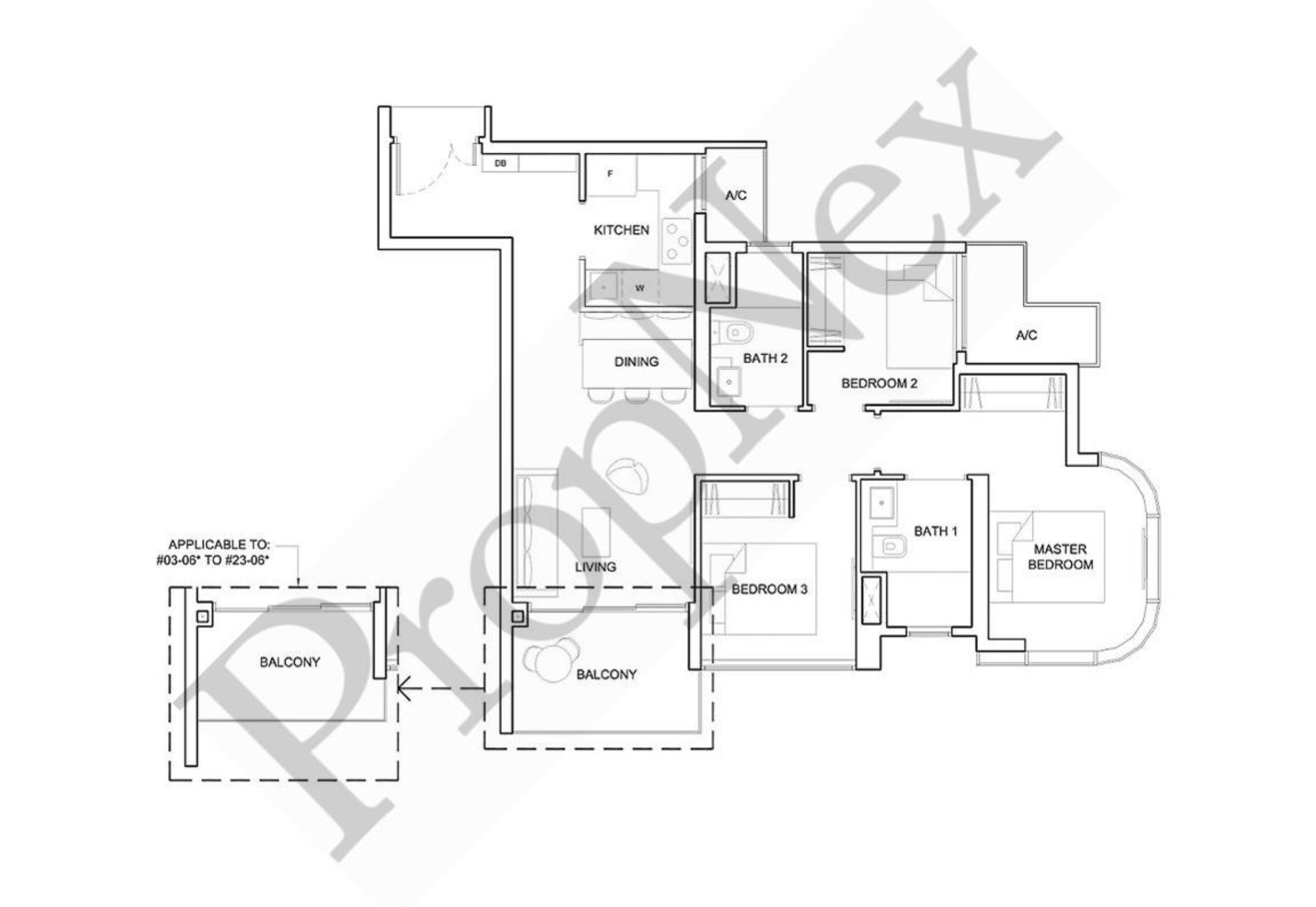 High Park Residences floorplan showing three bedrooms, two bathrooms and a balcony